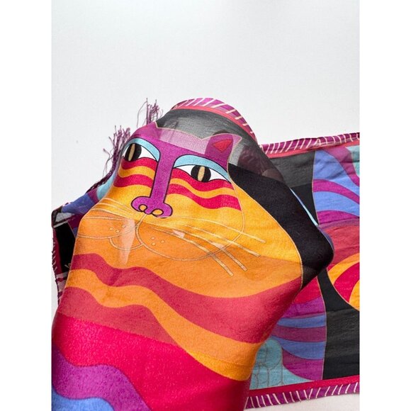 Vintage LAUREL BURCH Cat Silk Habotai Fringed 66" x 10" Rectangle Scarf - Picture 7 of 8